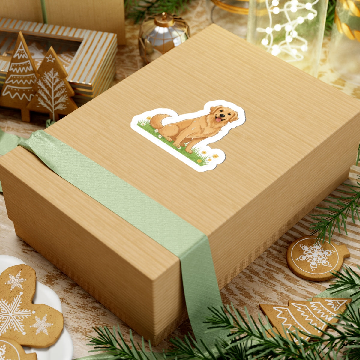 Golden Retriever sitting sticker on a wrapped gift box, white die-cut outline