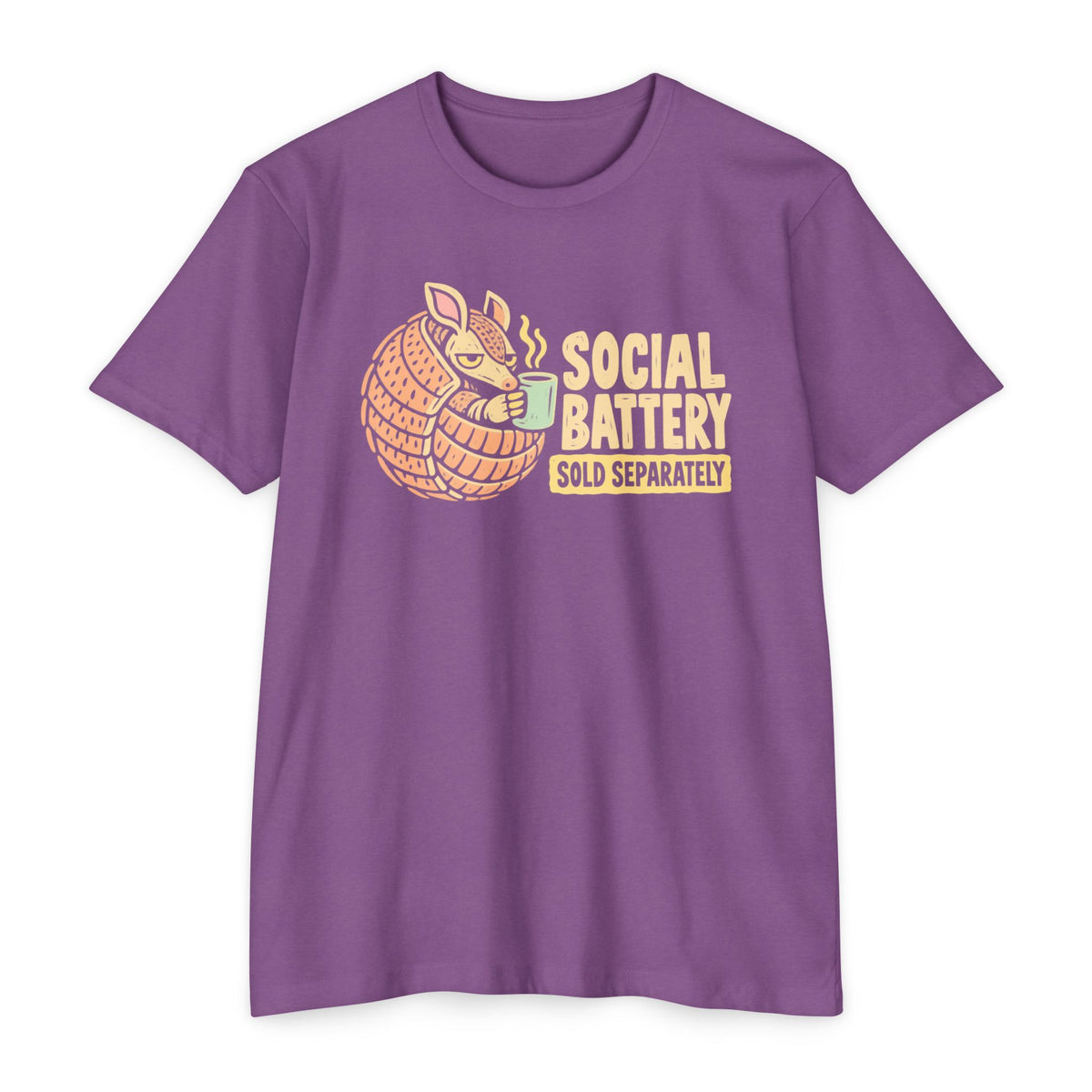 Purple t-shirt with orange armadillo graphic and “SOCIAL BATTERY” text