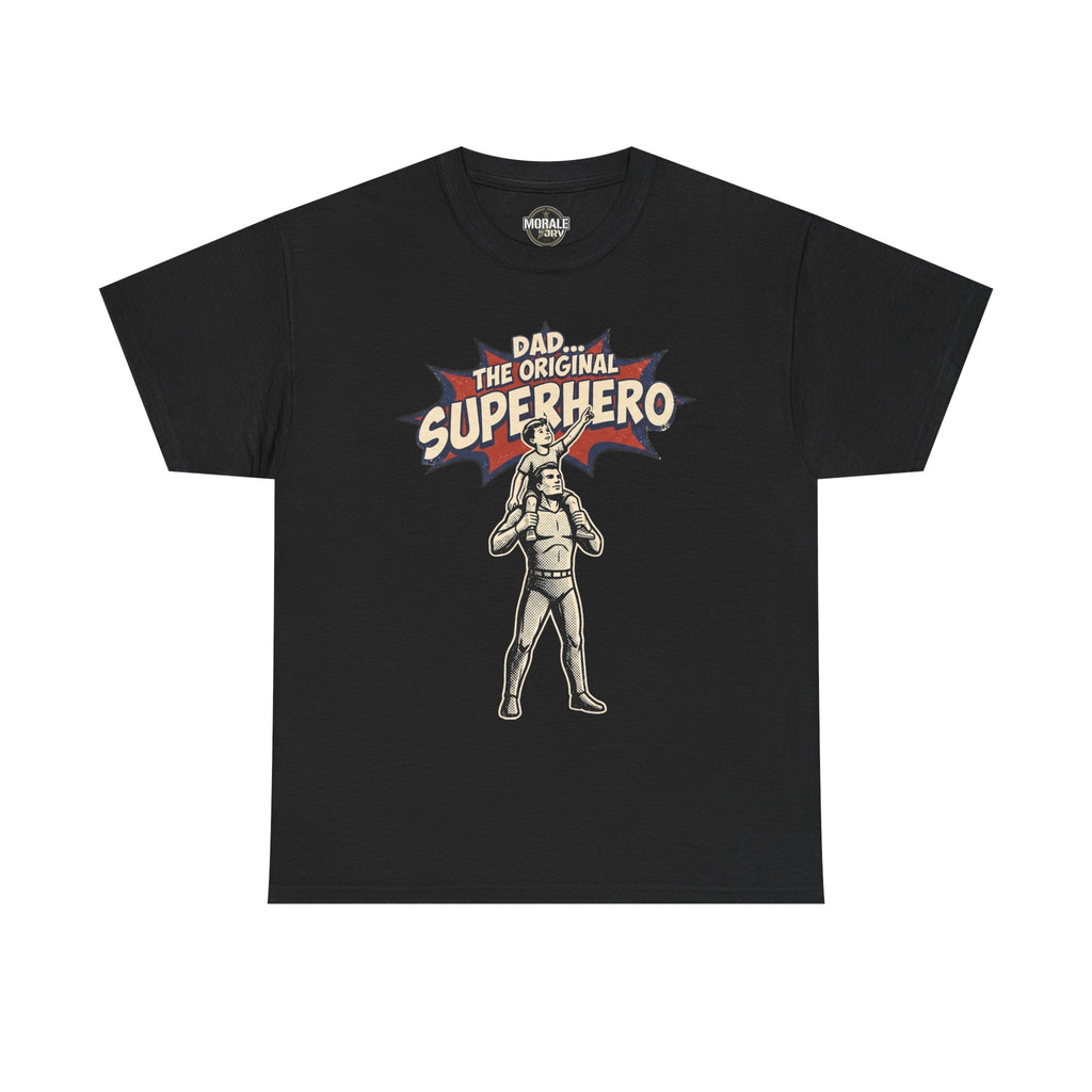Black crewneck T-shirt with retro comic superhero dad graphic on the chest