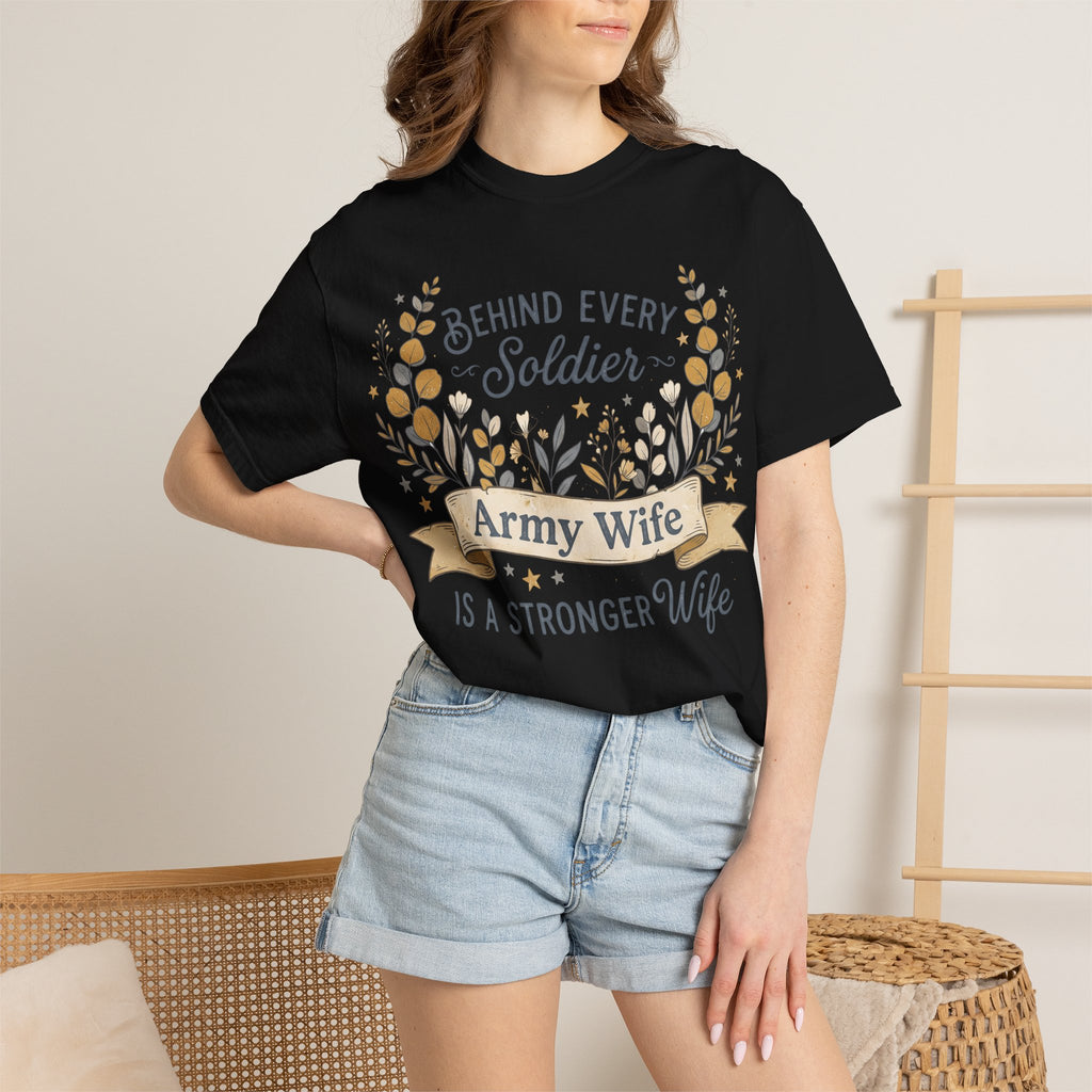 Black crewneck T-shirt with 'Army Wife' and floral wreath design