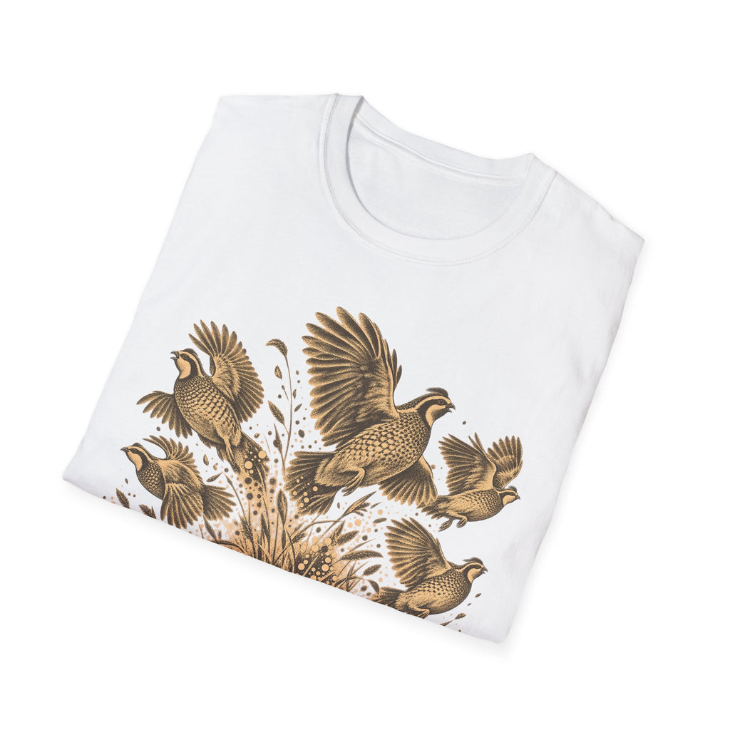 White short-sleeve T-shirt with gold-tone upland game birds graphic on chest