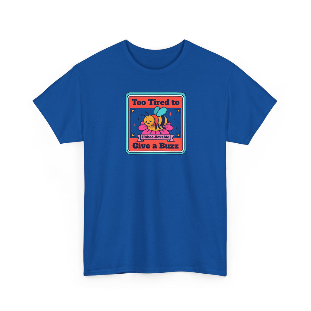 Royal blue crewneck T-shirt with bee humor graphic on the chest