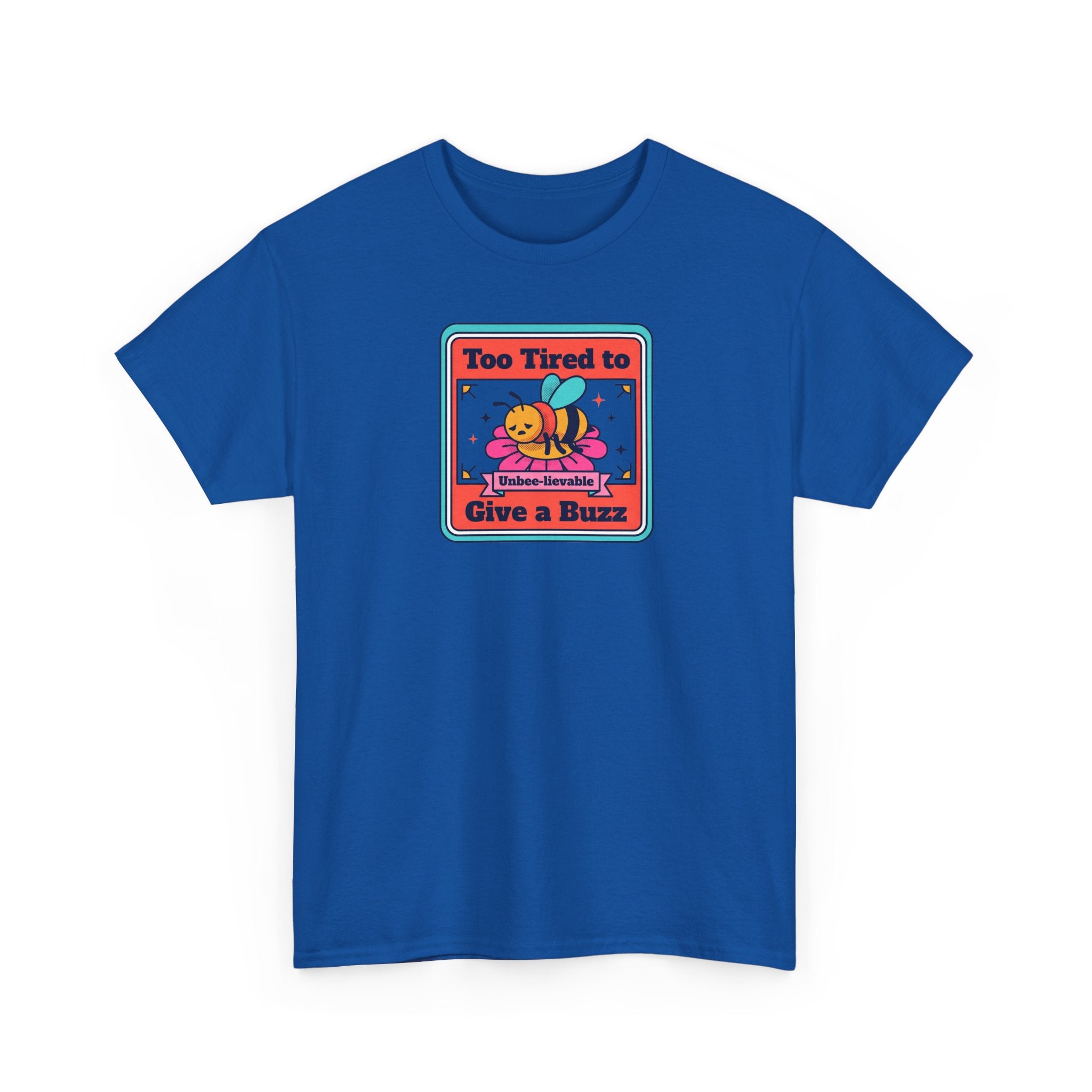 Royal blue crewneck T-shirt with bee humor graphic on the chest
