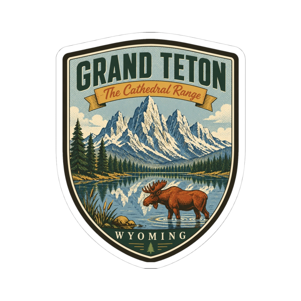 Shield travel sticker featuring moose, scenic mountains and lake, “Wyoming” text, white outline.