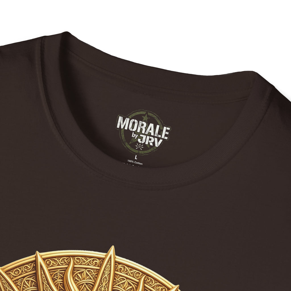 Dark Chocolate crewneck T-shirt neckline logo; top of sun graphic barely visible.