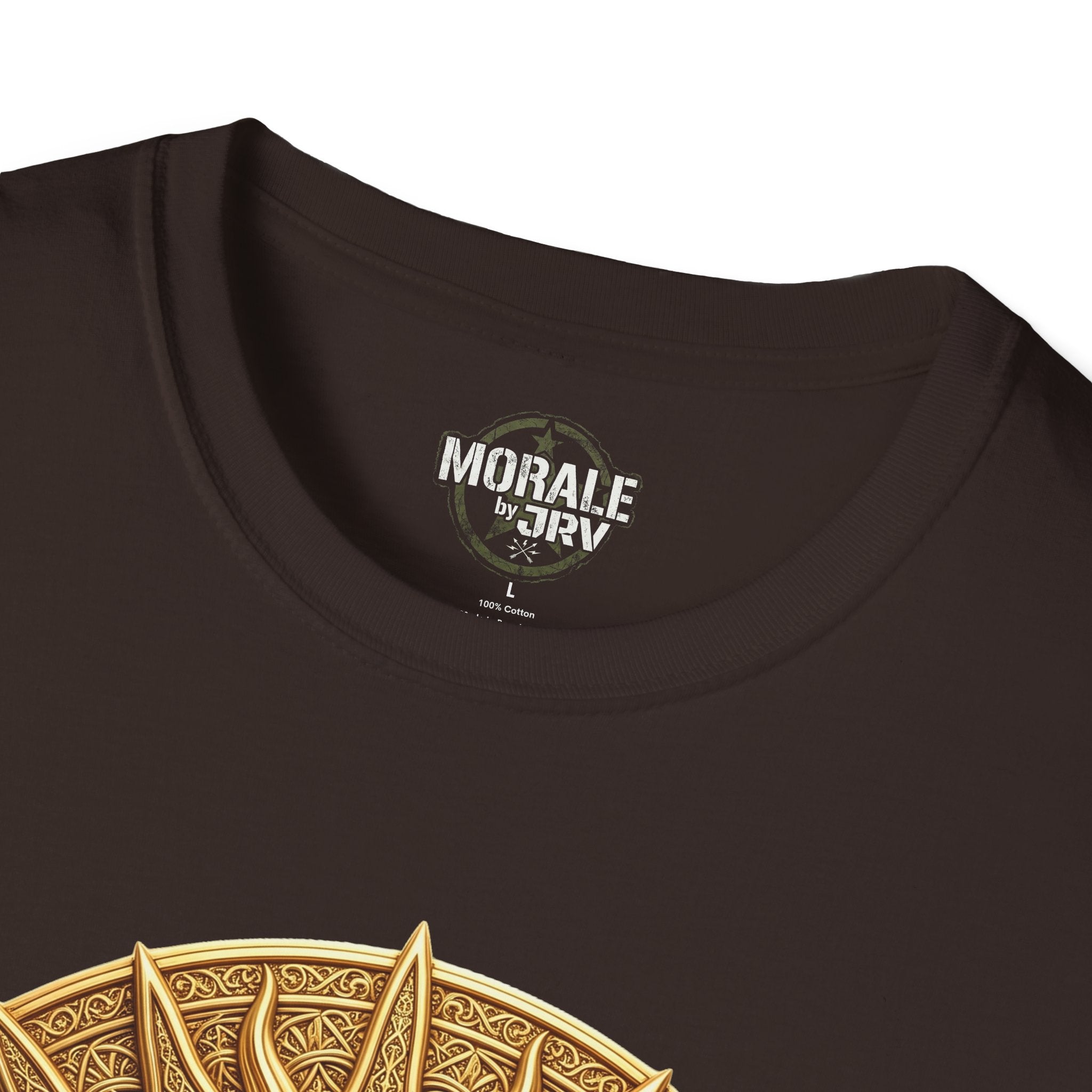 Dark Chocolate crewneck T-shirt neckline logo; top of sun graphic barely visible.