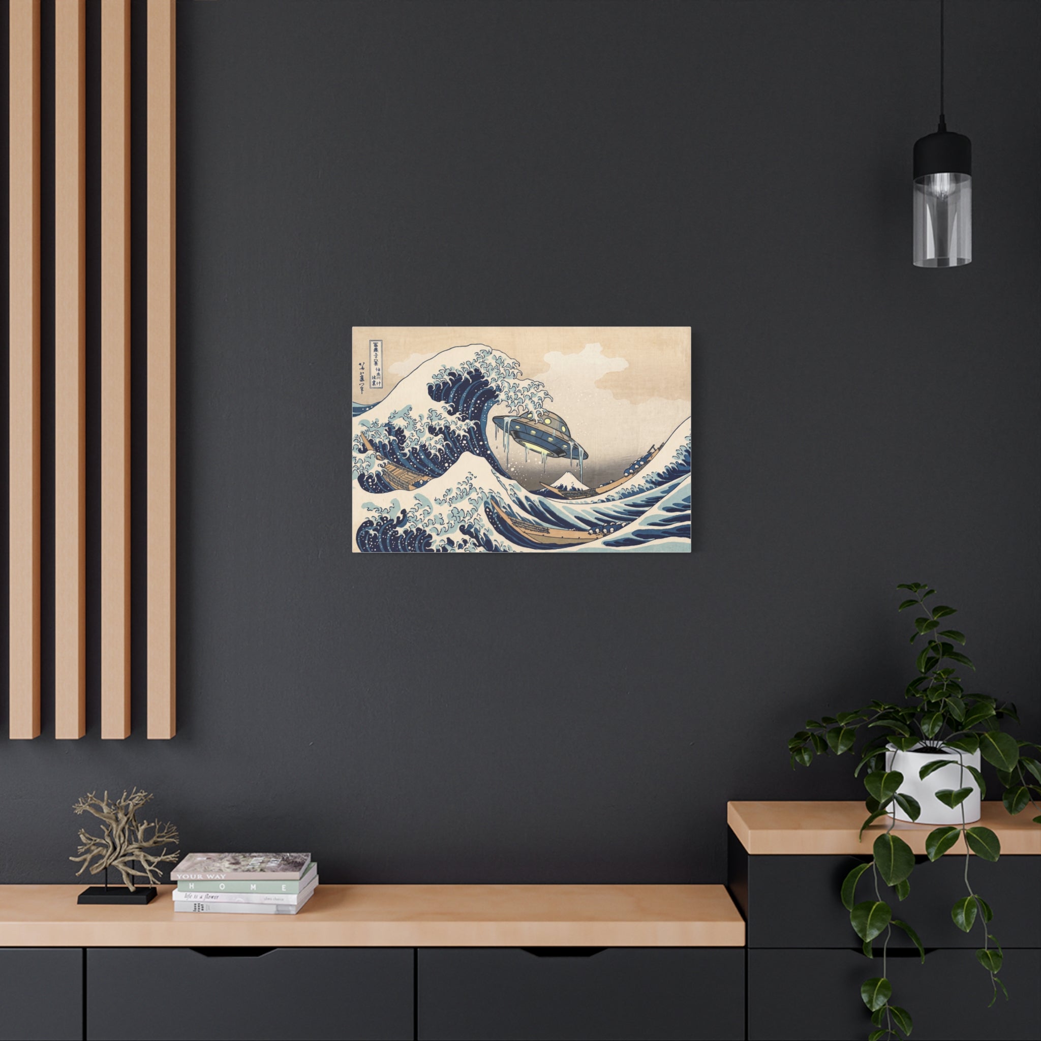 Stretched canvas wall art with blue wave crest and UFO scene on a beige background