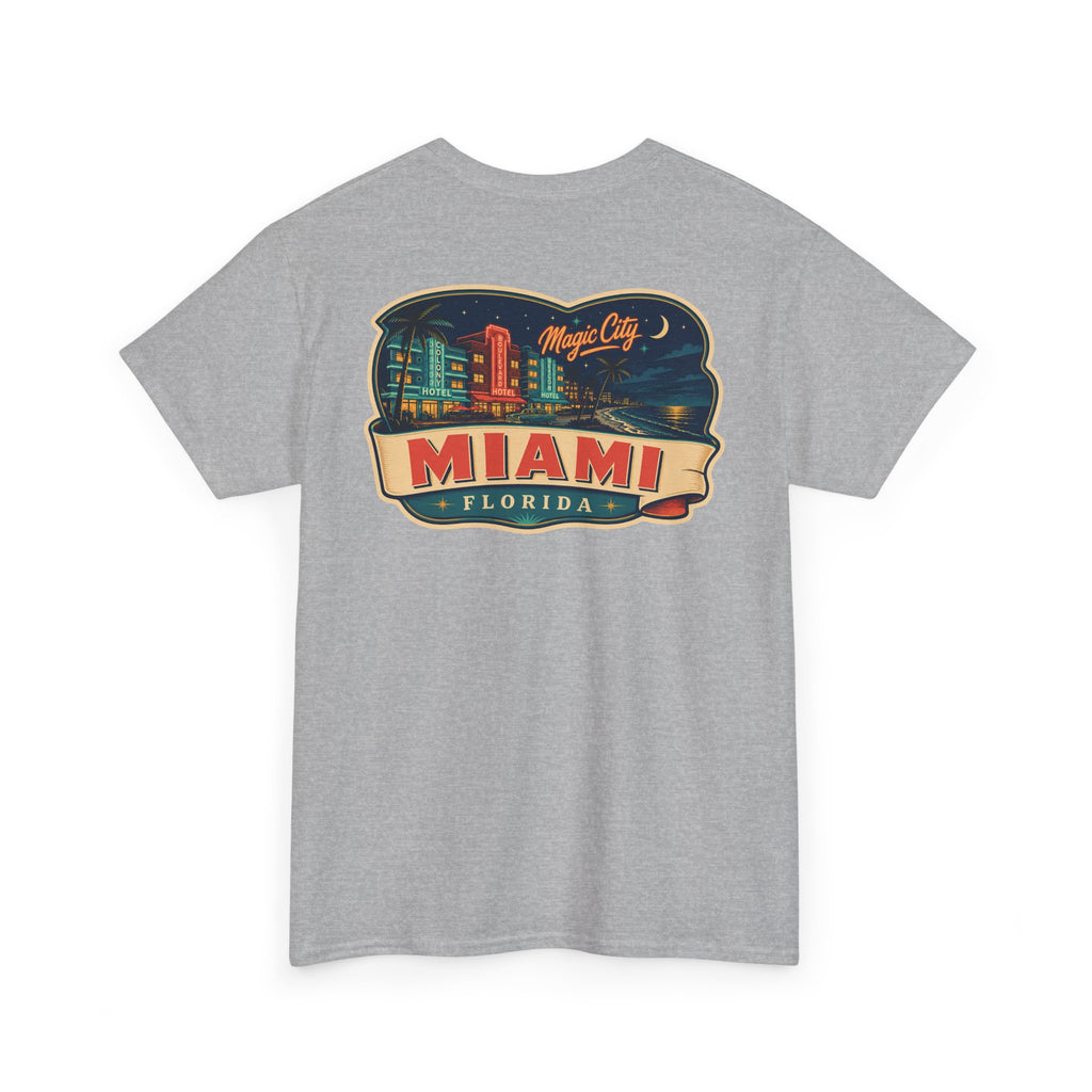 Heather grey T-shirt with Miami luggage tag graphic on the chest