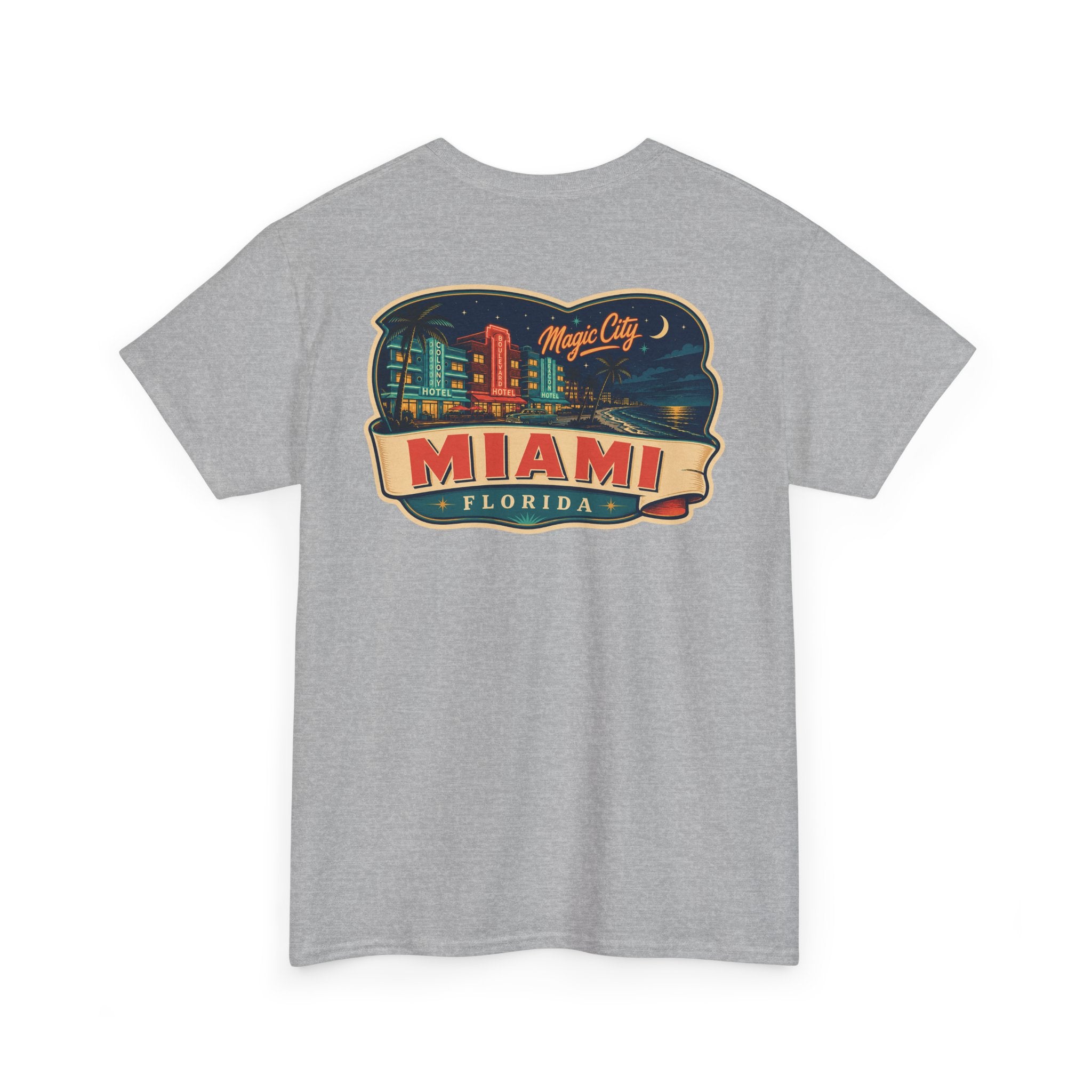 Heather grey T-shirt with Miami luggage tag graphic on the chest