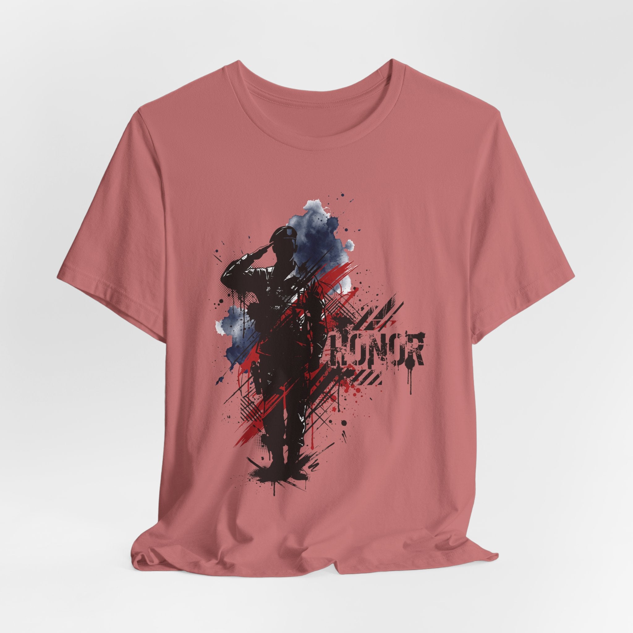 Mauve T-shirt with soldier graphic and distressed text on front
