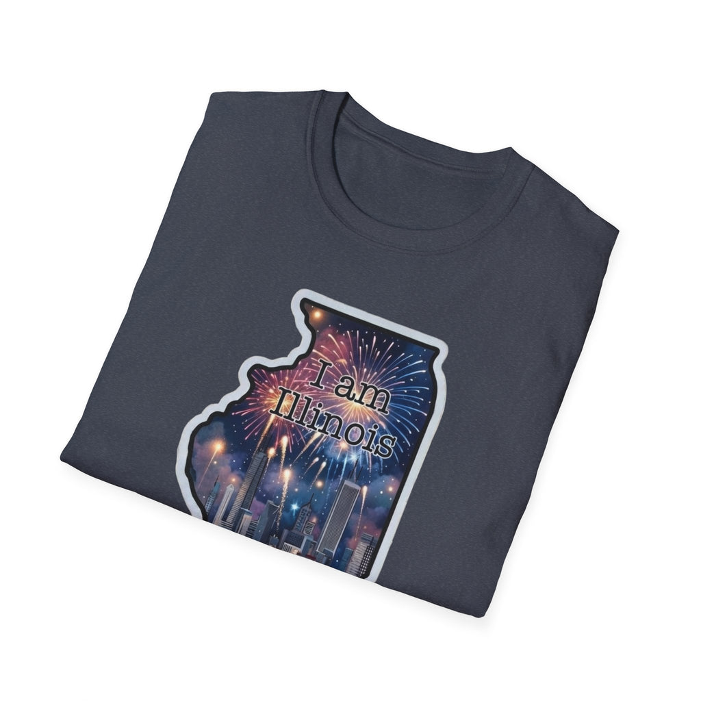 Dark heather T-shirt with “I am Illinois” sticker-style graphic and fireworks
