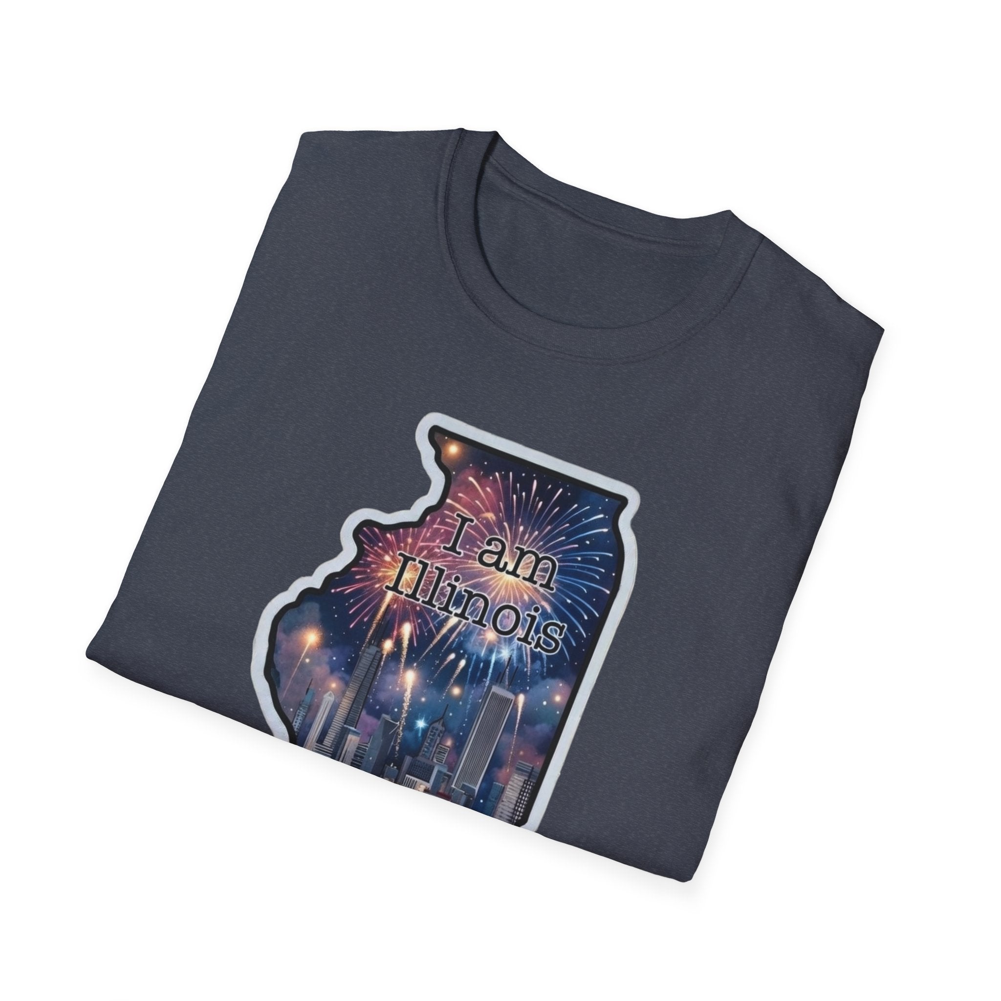 Dark heather T-shirt with “I am Illinois” sticker-style graphic and fireworks