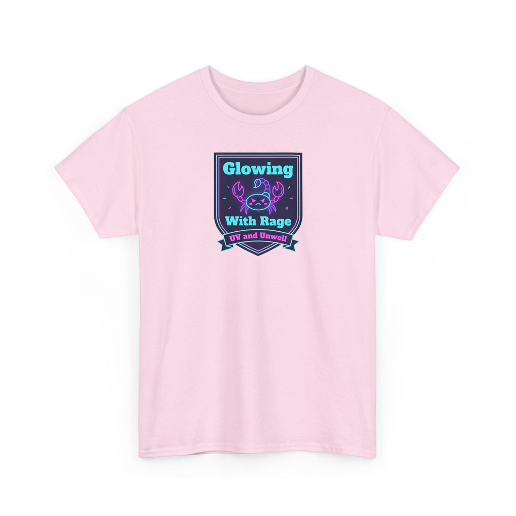 Light pink graphic t-shirt with neon skull shield logo at center chest