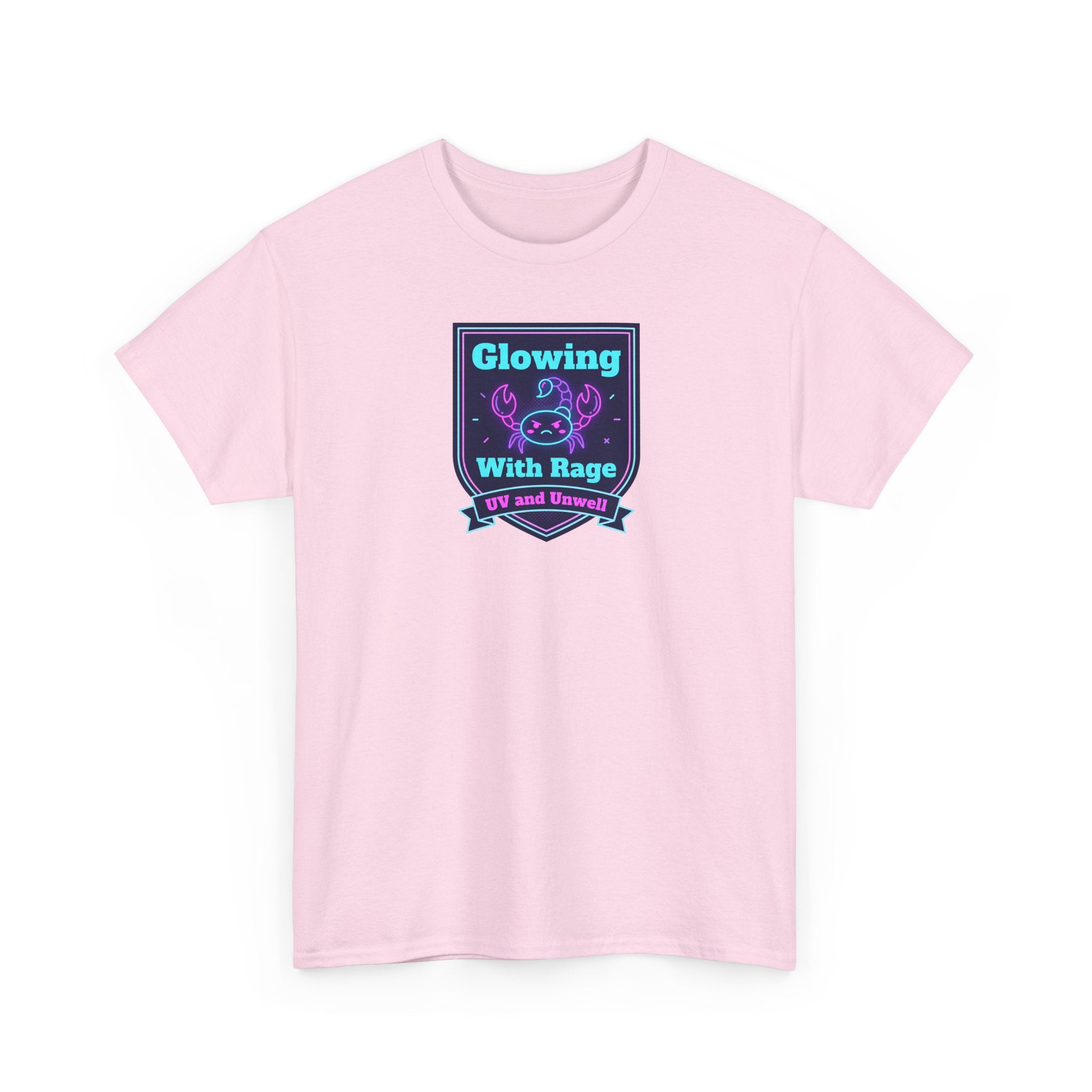 Light pink graphic t-shirt with neon skull shield logo at center chest