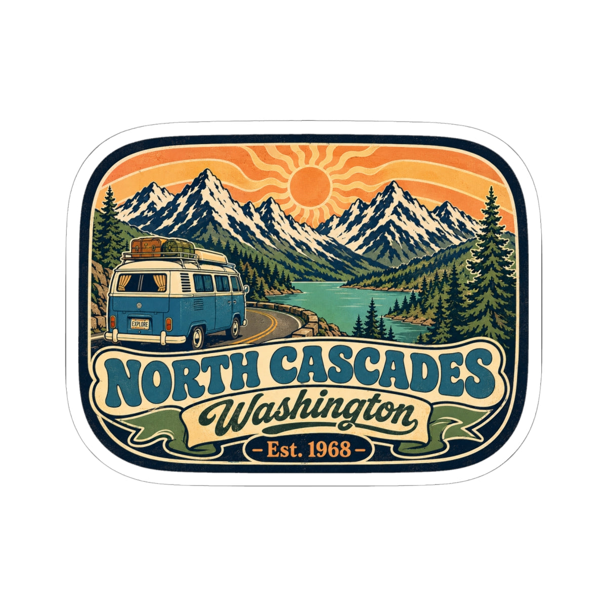 North Cascades decal sticker with orange sky, mountain range, and evergreen trees