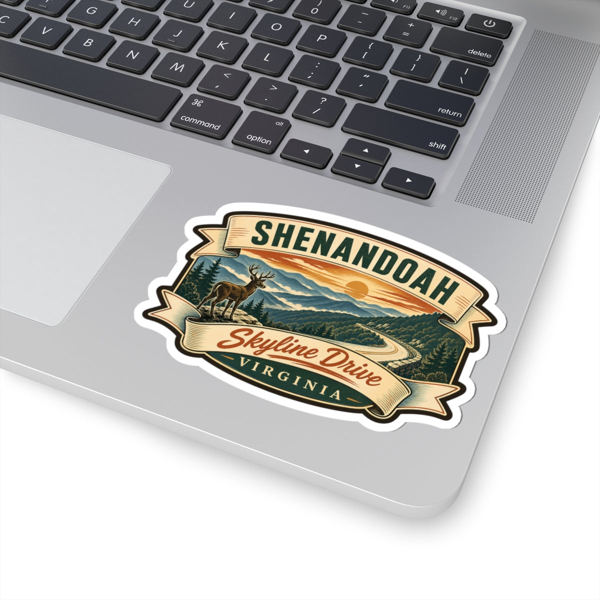Shenandoah sticker on laptop, with deer, scenic road, Skyline Drive, and Virginia