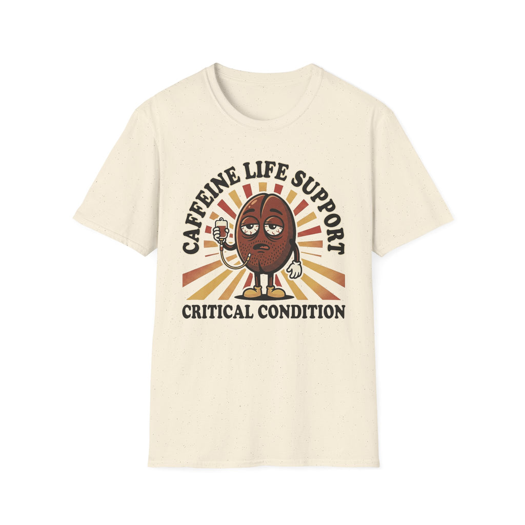 Natural T-shirt with cartoon coffee bean and “CRITICAL CONDITION” text