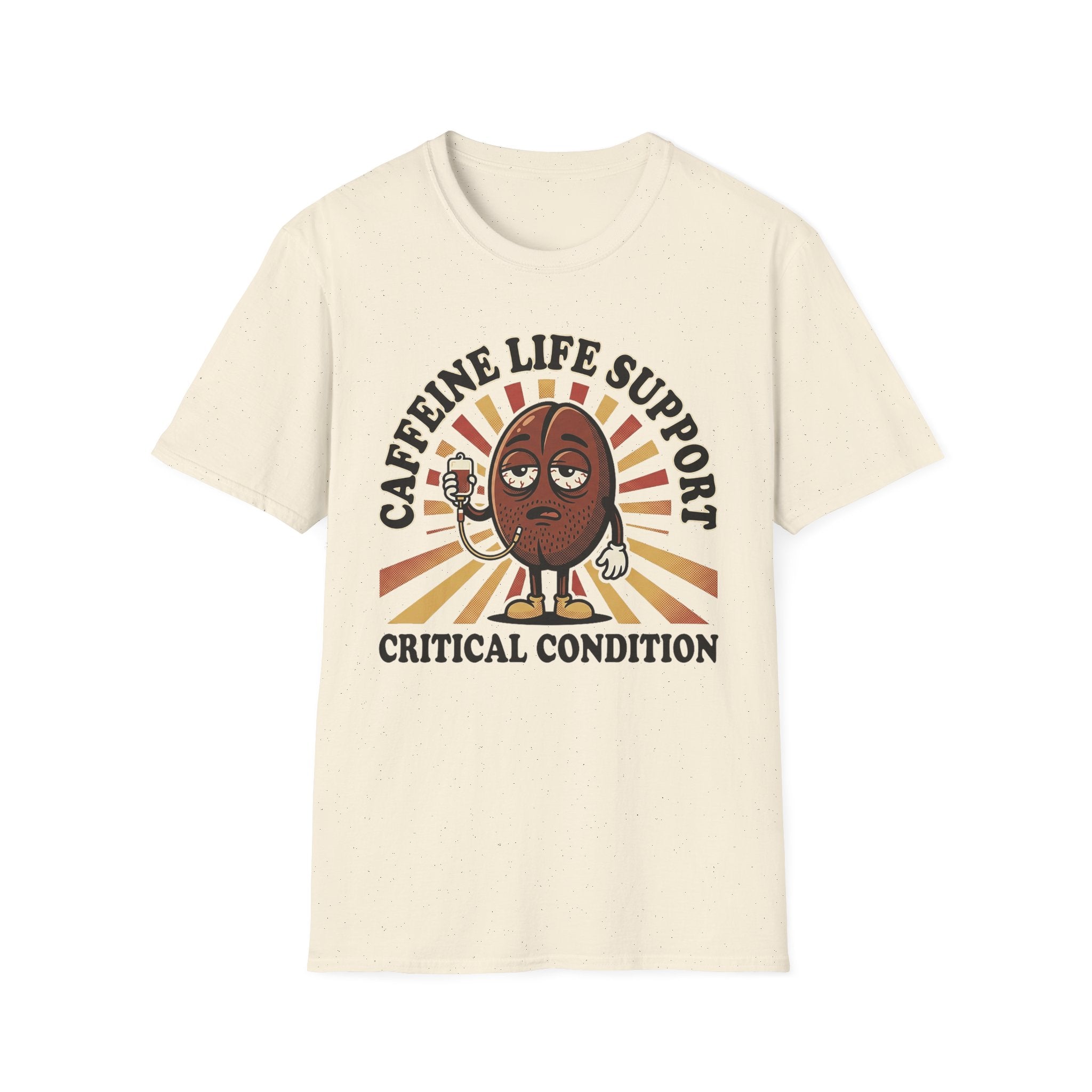 Natural T-shirt with cartoon coffee bean and “CRITICAL CONDITION” text