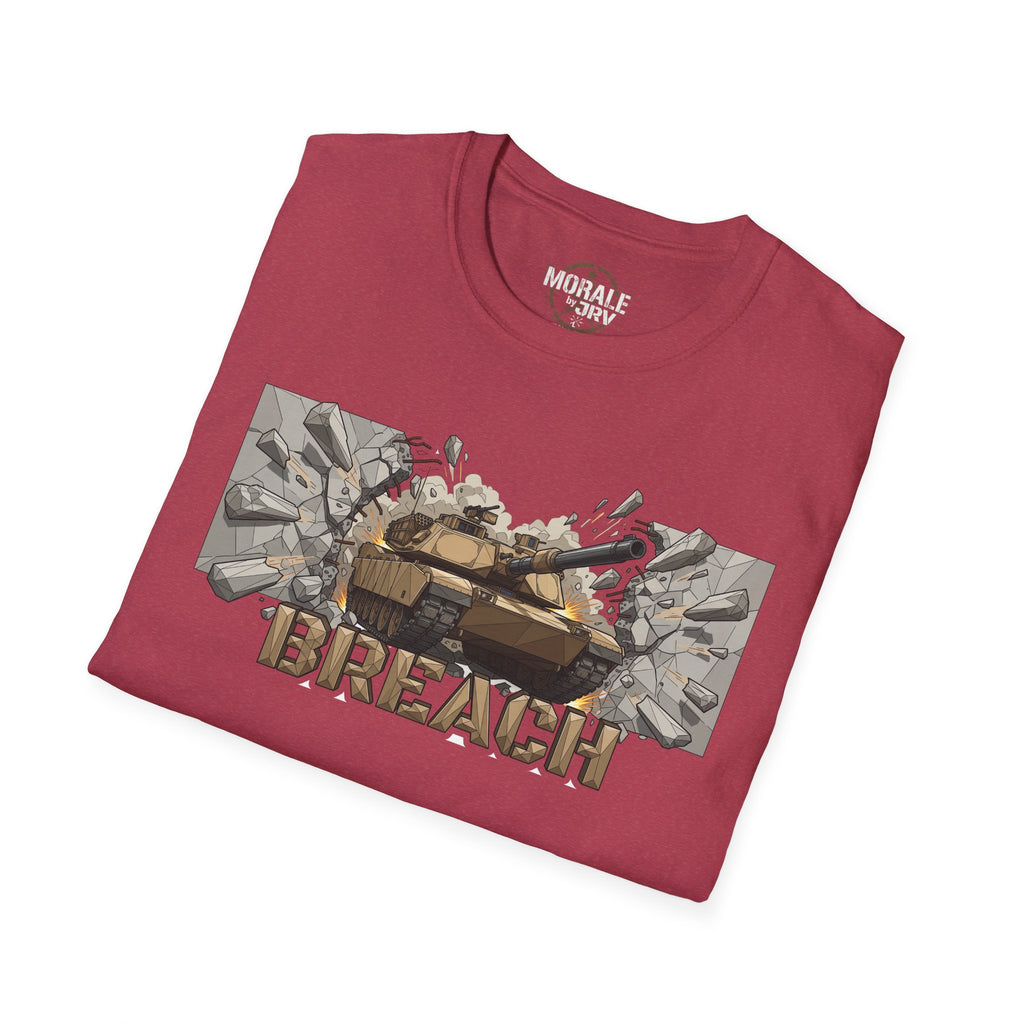 BREACH tank graphic T-shirt in dark heather with “BREACH” text and rifles