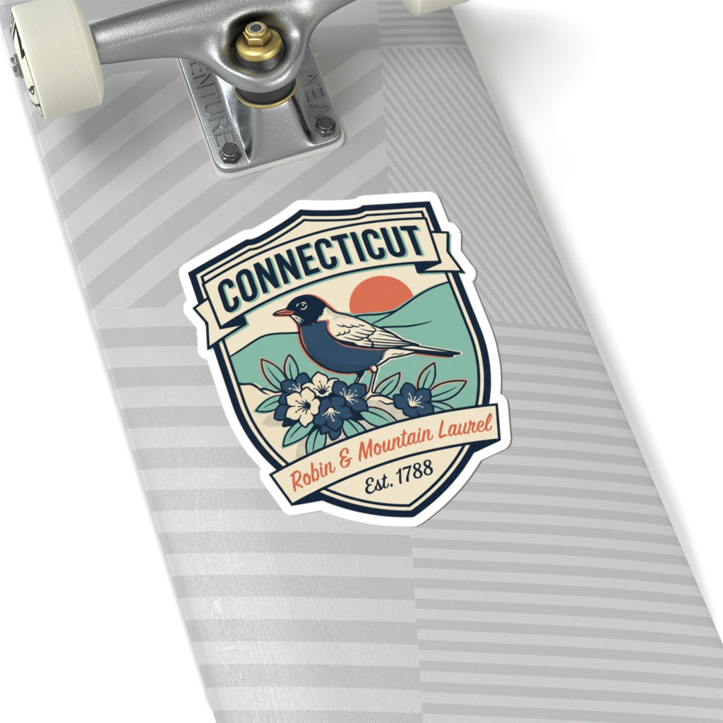 Connecticut state badge vinyl sticker with robin, mountain laurel flowers, and Est. 1788.