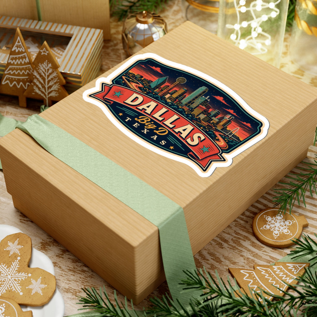 Dallas luggage tag sticker on wrapped gift box, red banner reading Big D Texas