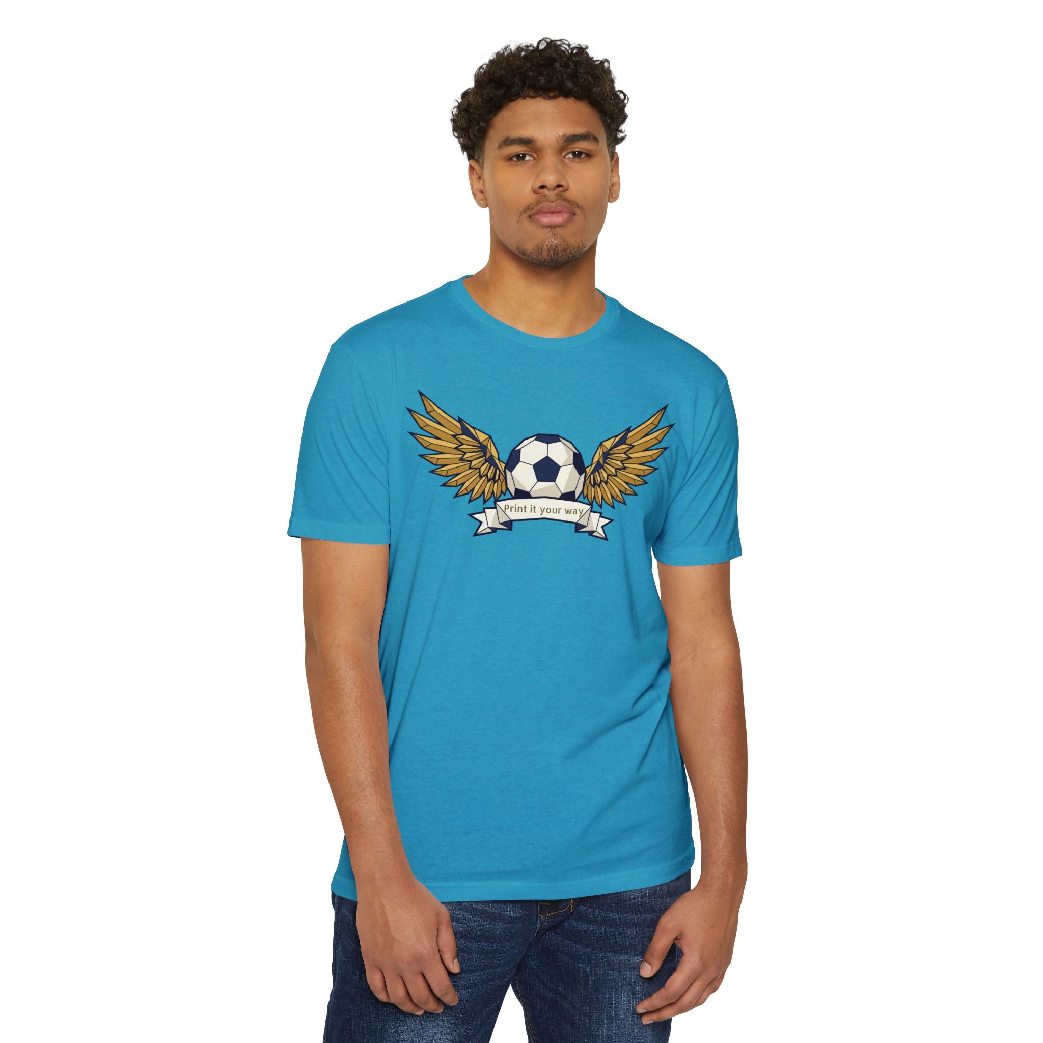 Blue crew-neck soccer t-shirt with winged ball graphic on front