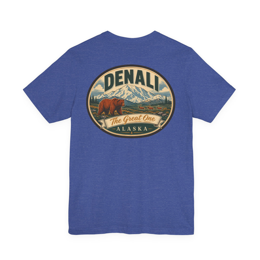 Royal blue short-sleeve crew neck t-shirt with large oval Denali graphic