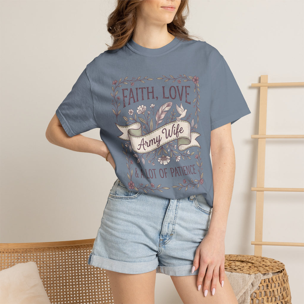 Slate blue crew-neck T-shirt worn by model; floral “FAITH, LOVE” and “Army Wife”