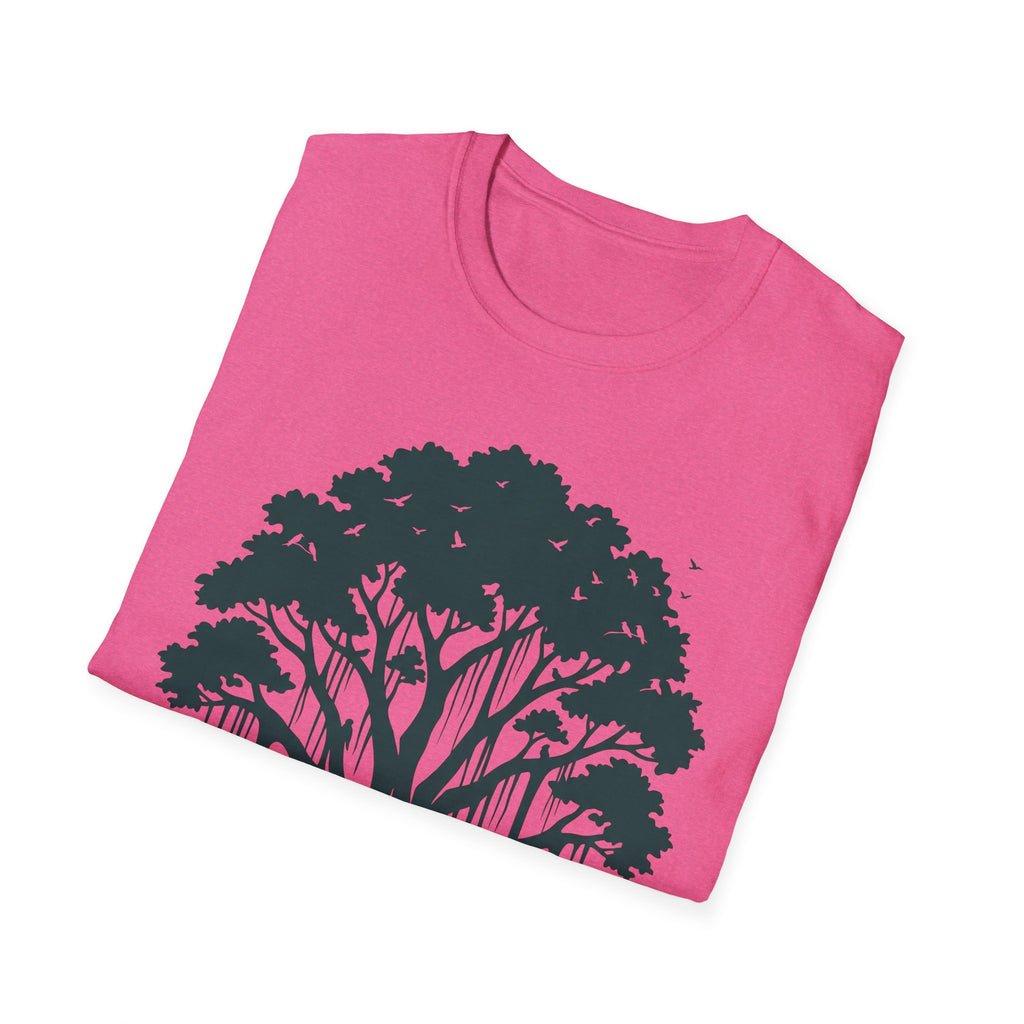 T‑Shirt rosa mit großer Baum- und Vögel-Grafik