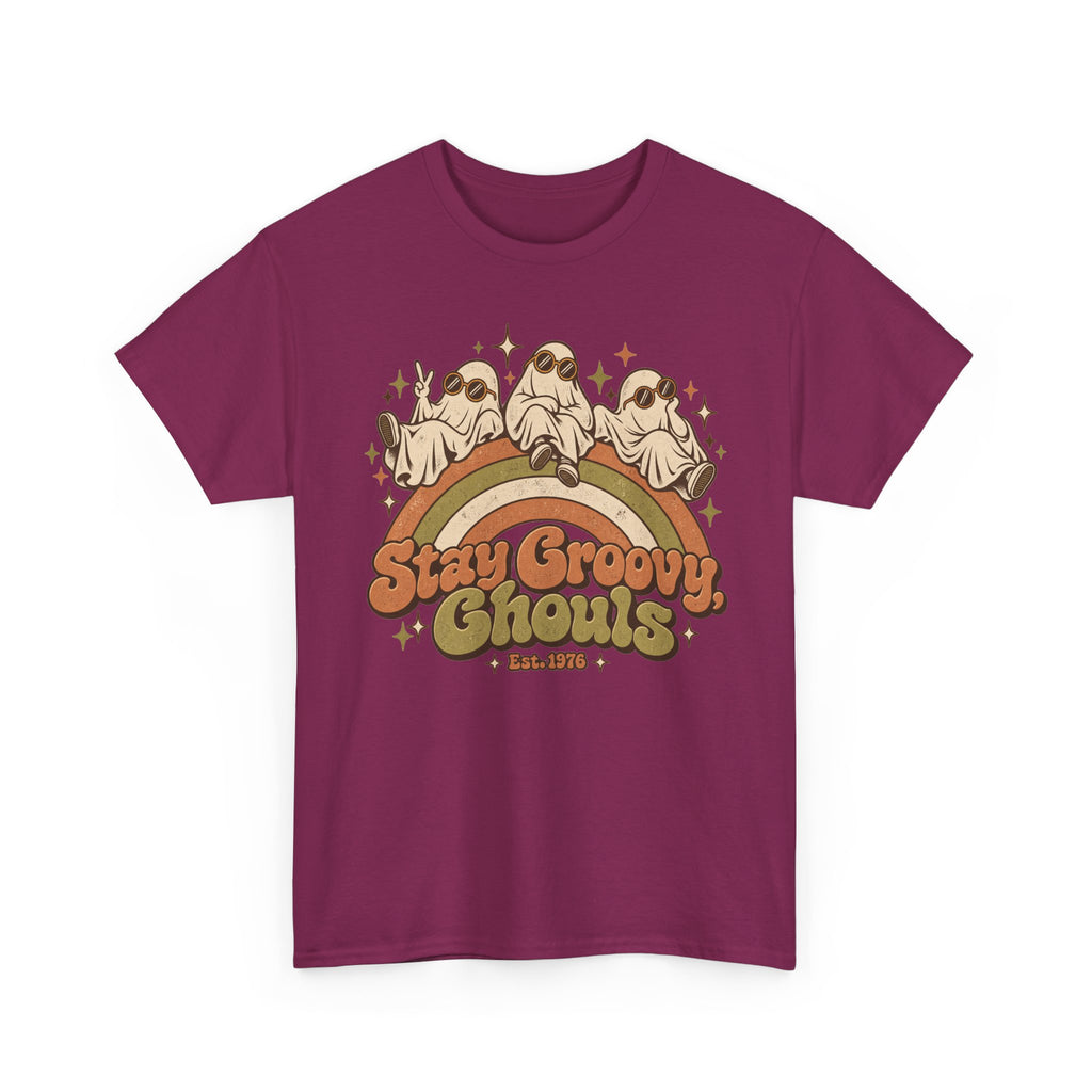 Stay Groovy Ghouls T-Shirt, Retro Rainbow Ghosts in Sunglasses Halloween Shirt for Women and Men, Cute 70s Spooky Tee