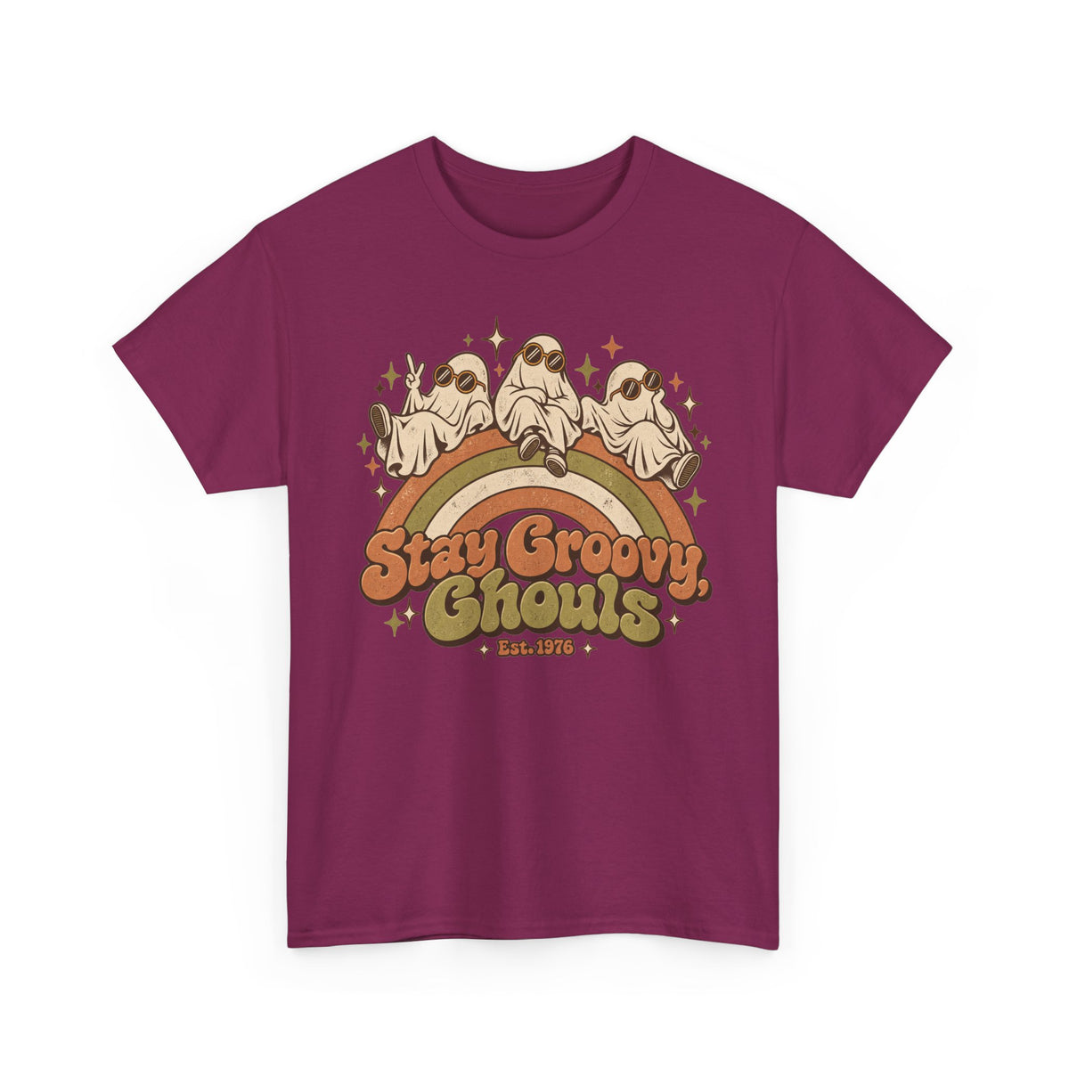 Stay Groovy Ghouls T-Shirt, Retro Rainbow Ghosts in Sunglasses Halloween Shirt for Women and Men, Cute 70s Spooky Tee