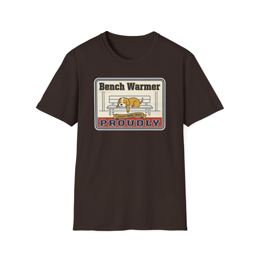 Dark brown unisex T-shirt with Bench Warmer Proudly dog front graphic