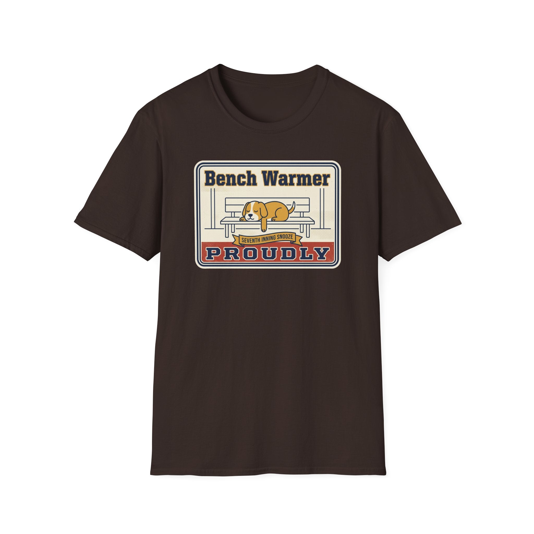 Dark brown unisex T-shirt with Bench Warmer Proudly dog front graphic