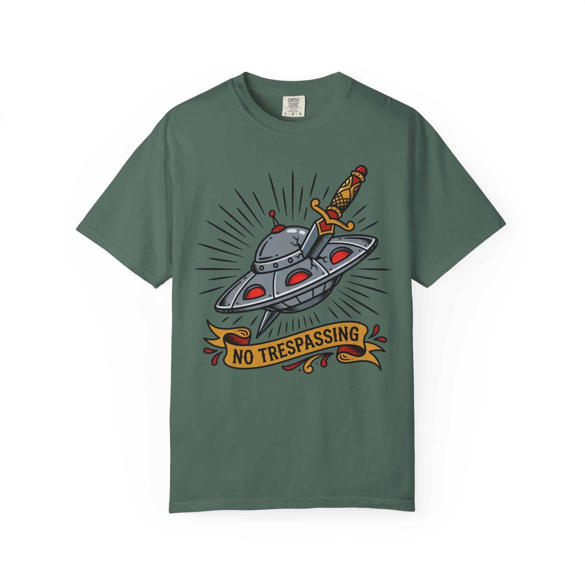 Dark green tee with UFO dagger graphic and 'No Trespassing'