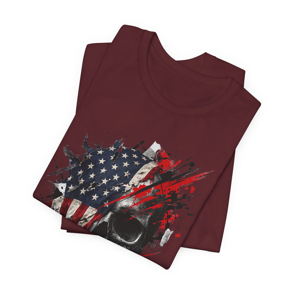 Maroon crewneck T-shirt with American flag skull graphic and red/black splatter