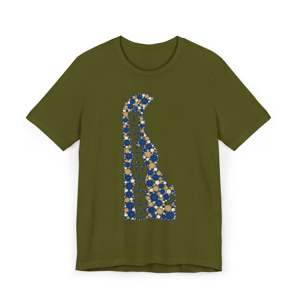 Green Delaware state silhouette t-shirt with blue and gold patterned Delaware map graphic