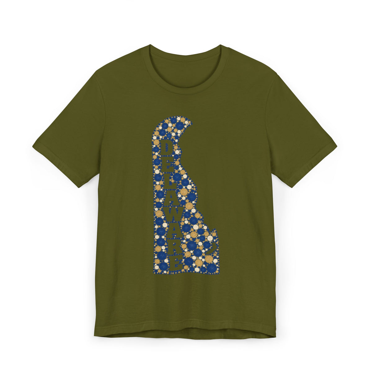 Green Delaware state silhouette t-shirt with blue and gold patterned Delaware map graphic