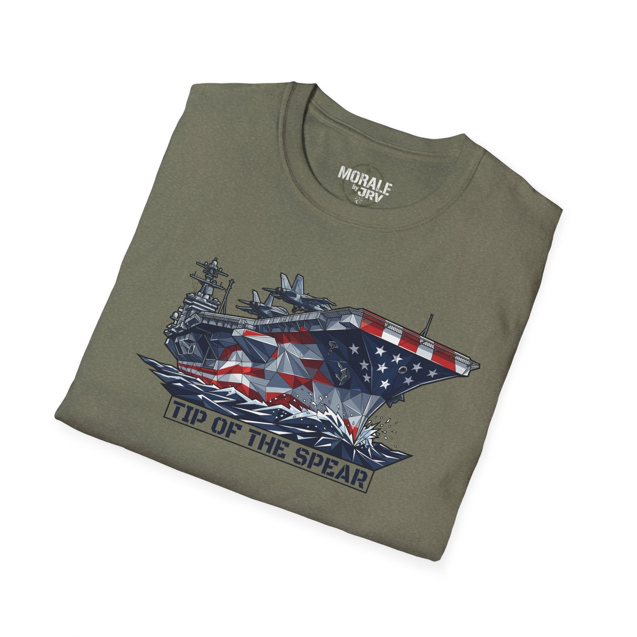 Military green aircraft carrier T-shirt with American flag ship graphic and 'Tip of the Spear'
