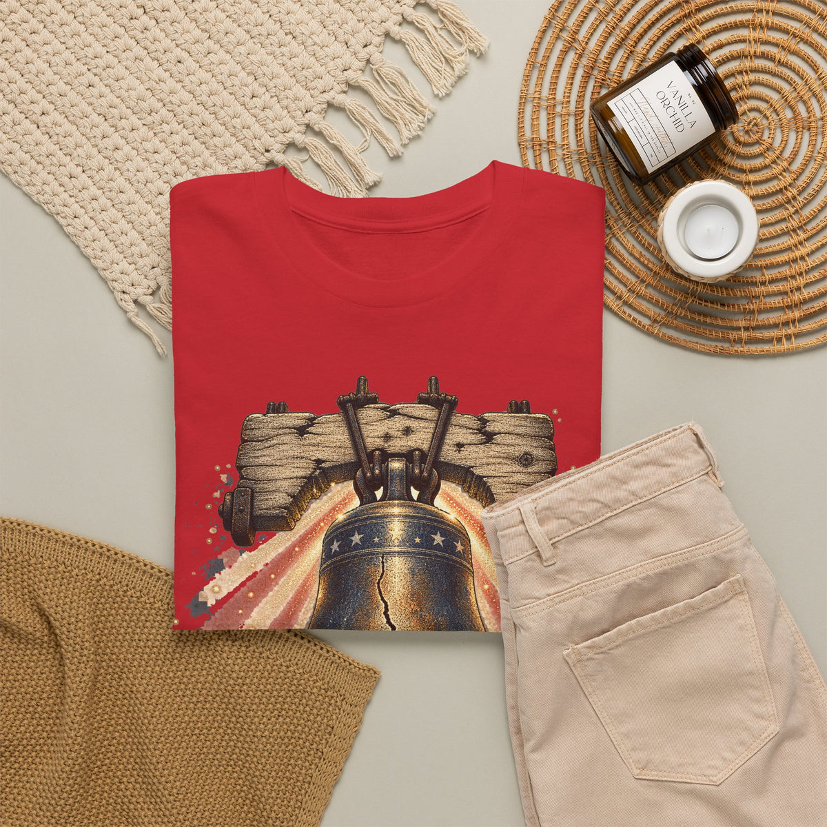 Red short-sleeve t-shirt laid flat; liberty bell graphic with vintage stars