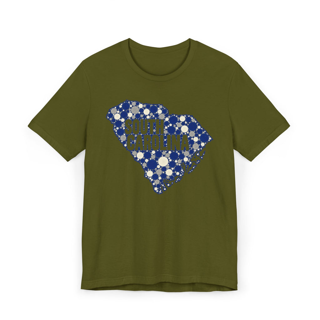 Olive green South Carolina floral map graphic T-shirt with blue dotted outline and text