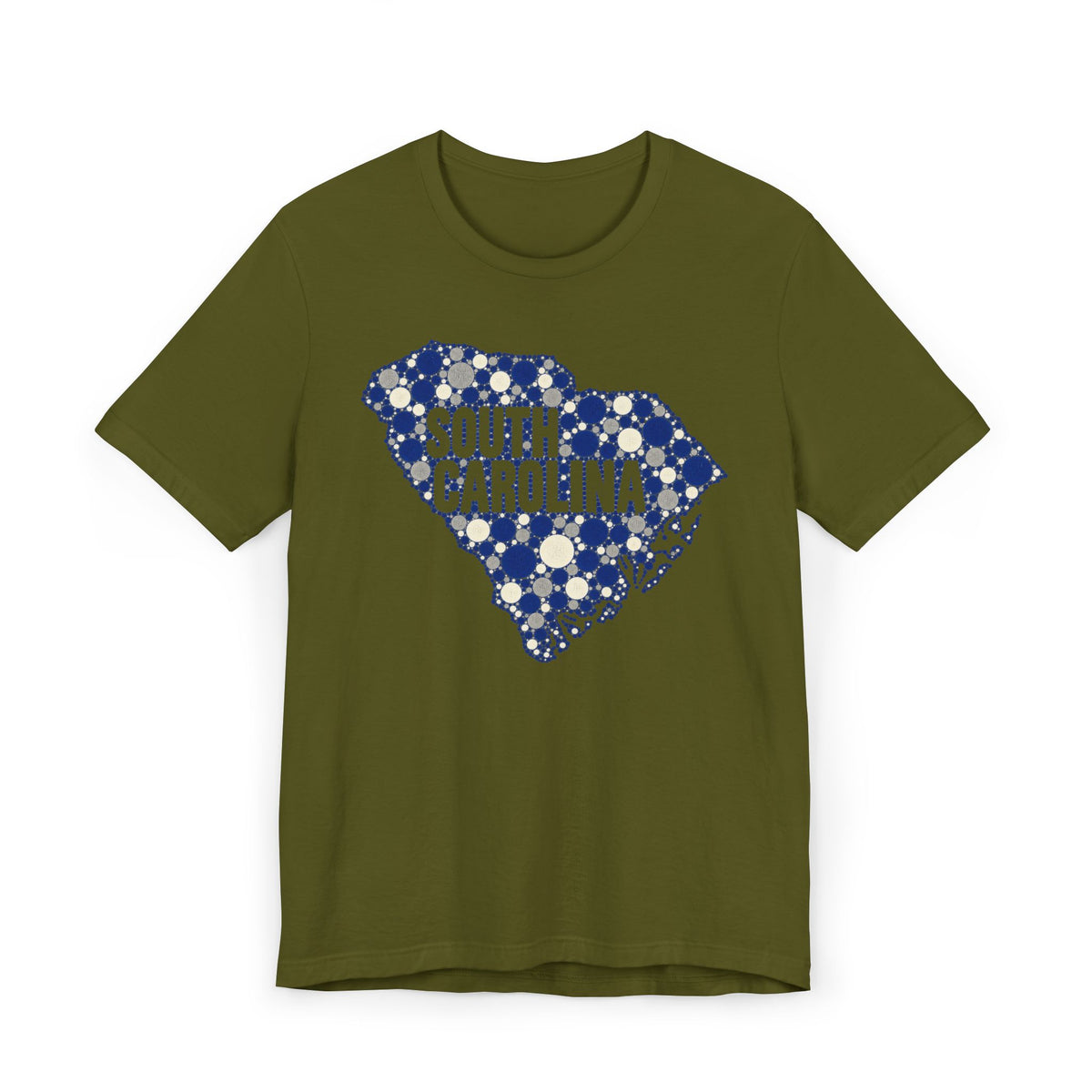 Olive green South Carolina floral map graphic T-shirt with blue dotted outline and text