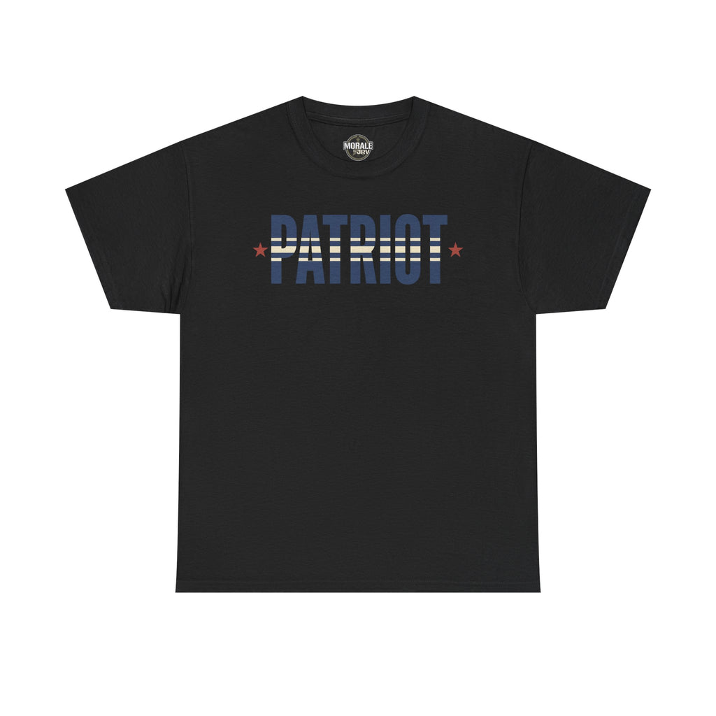 Black patriot stripe T-shirt with PATRIOT logo print and red stars