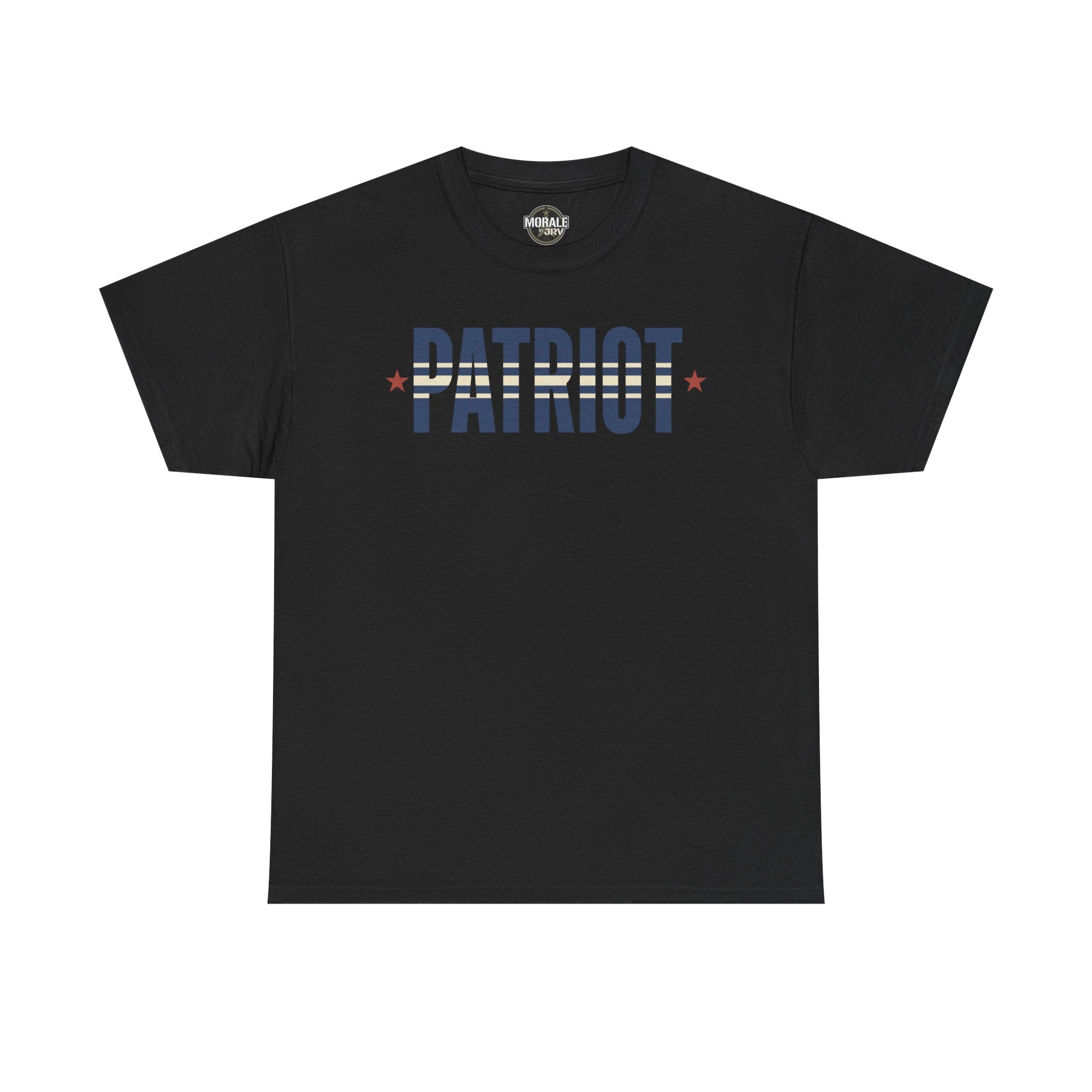 Black patriot stripe T-shirt with PATRIOT logo print and red stars
