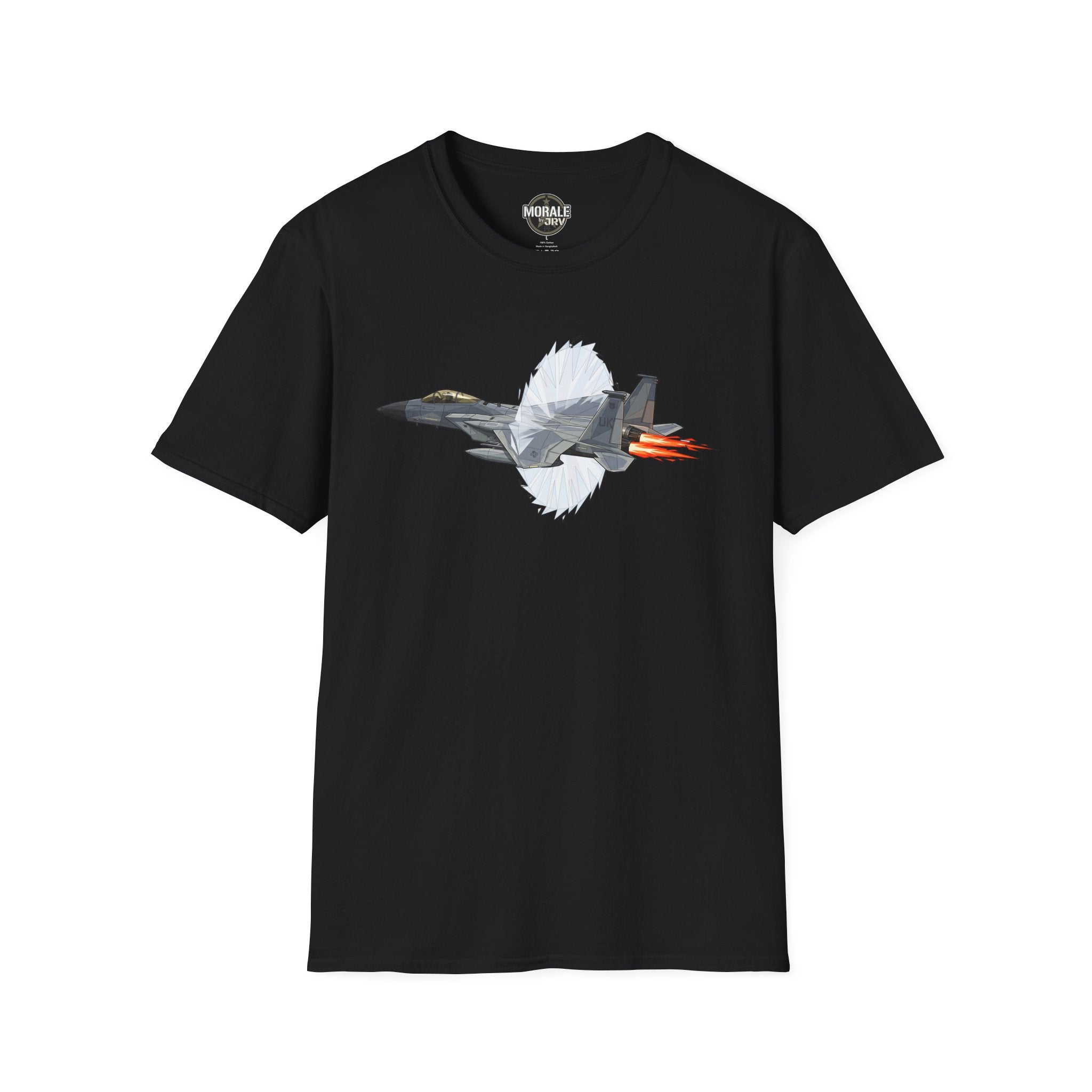 Black fighter jet afterburner graphic T-shirt with red-orange flame detail