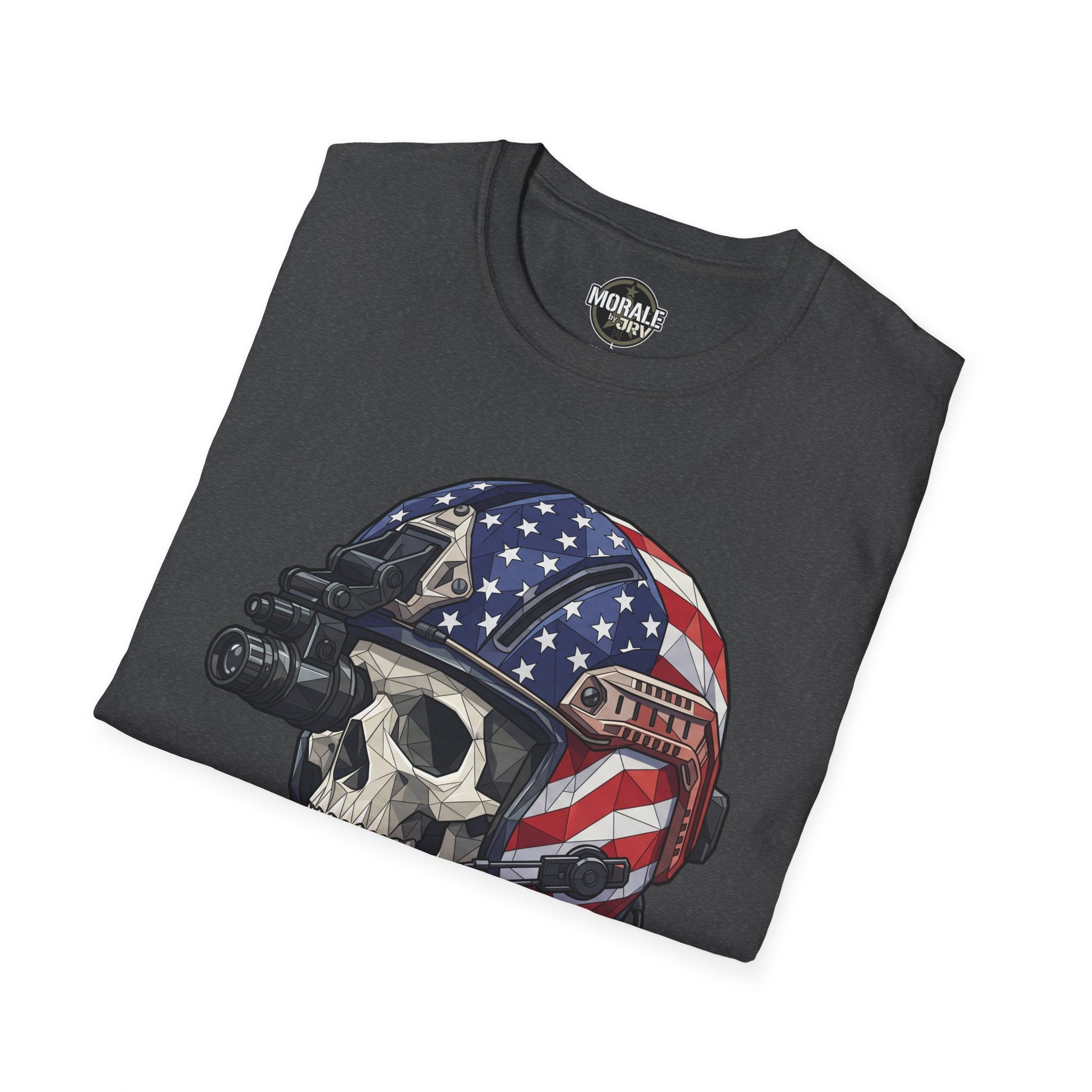 Tactical skull helmet T-shirt in charcoal with American flag helmet skull graphic