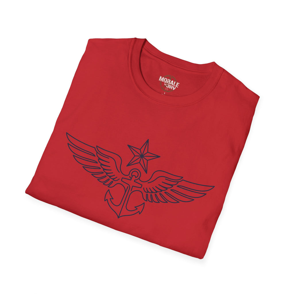 Red T-shirt with winged anchor emblem and star graphic