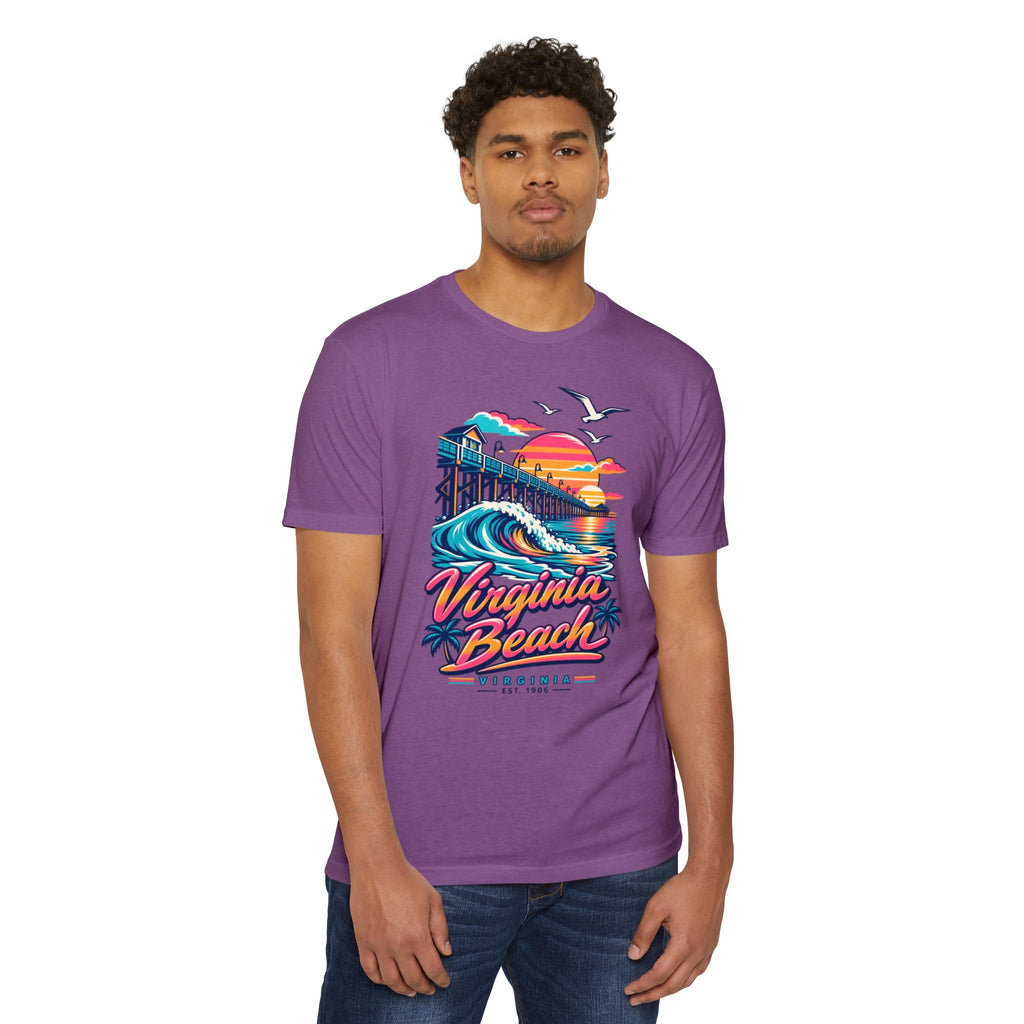 Purple graphic T-shirt with colorful pier waves, seagulls, and “Virginia Beach” logo