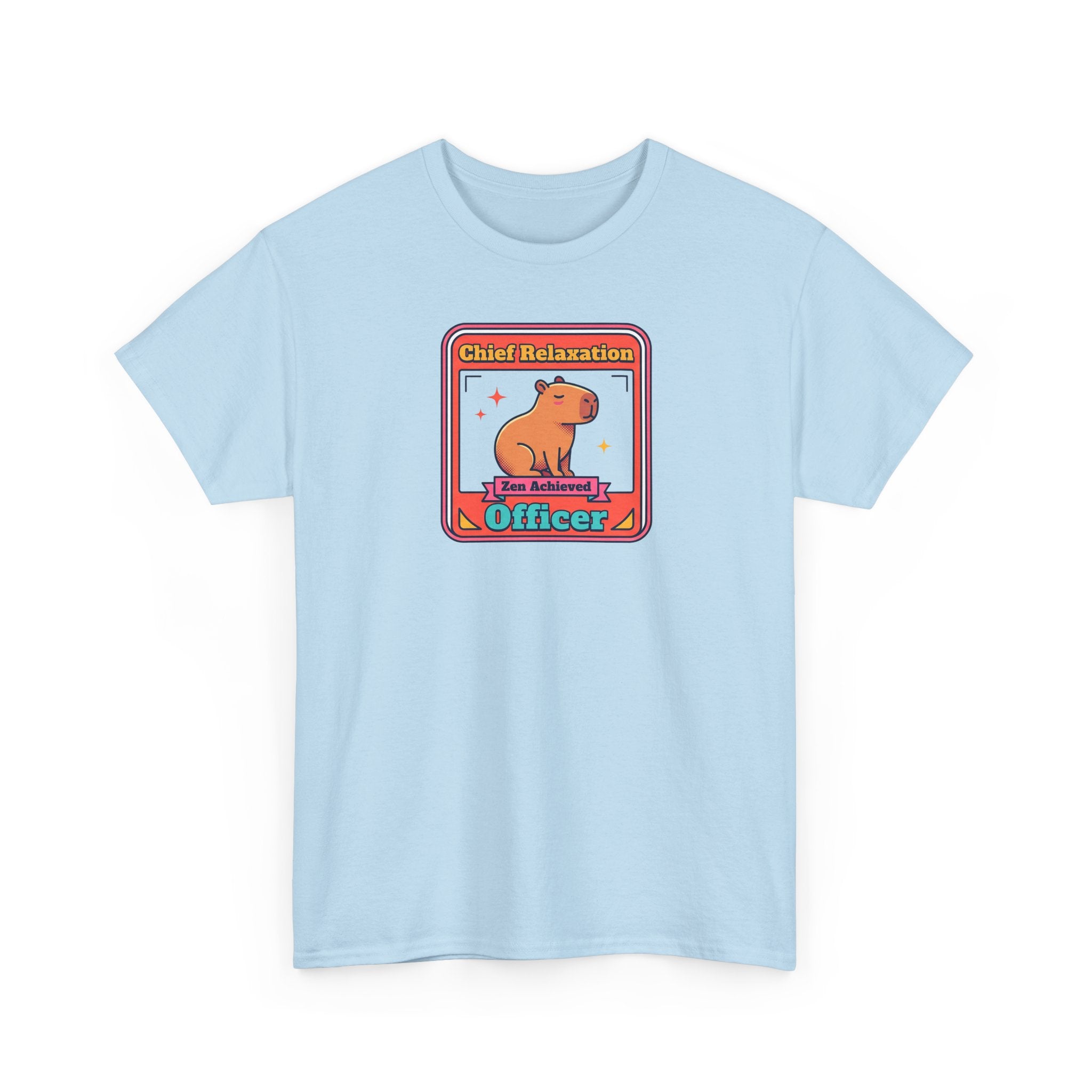 Light blue crew-neck T-shirt with capybara zen 'Officer' graphic on front