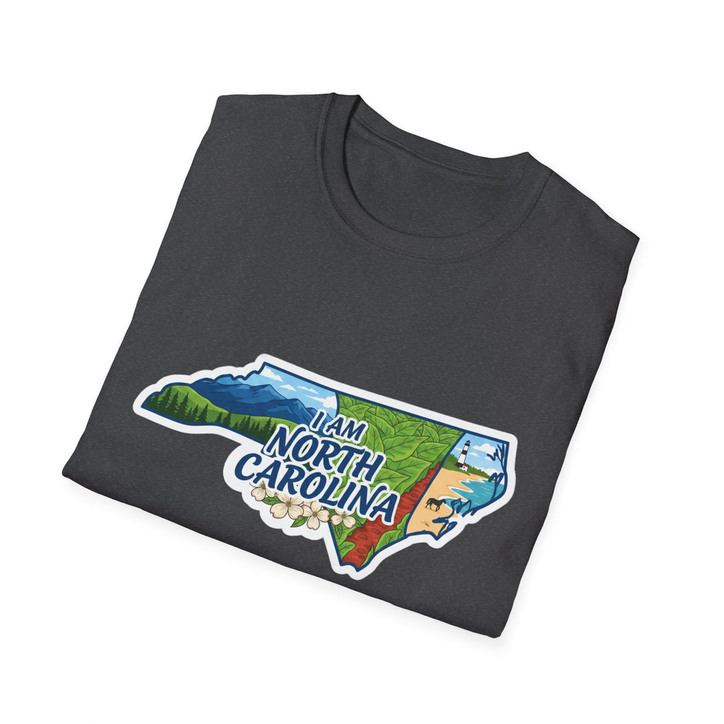 Dark Heather T-shirt with “I am North Carolina” map outline, flowers & nature