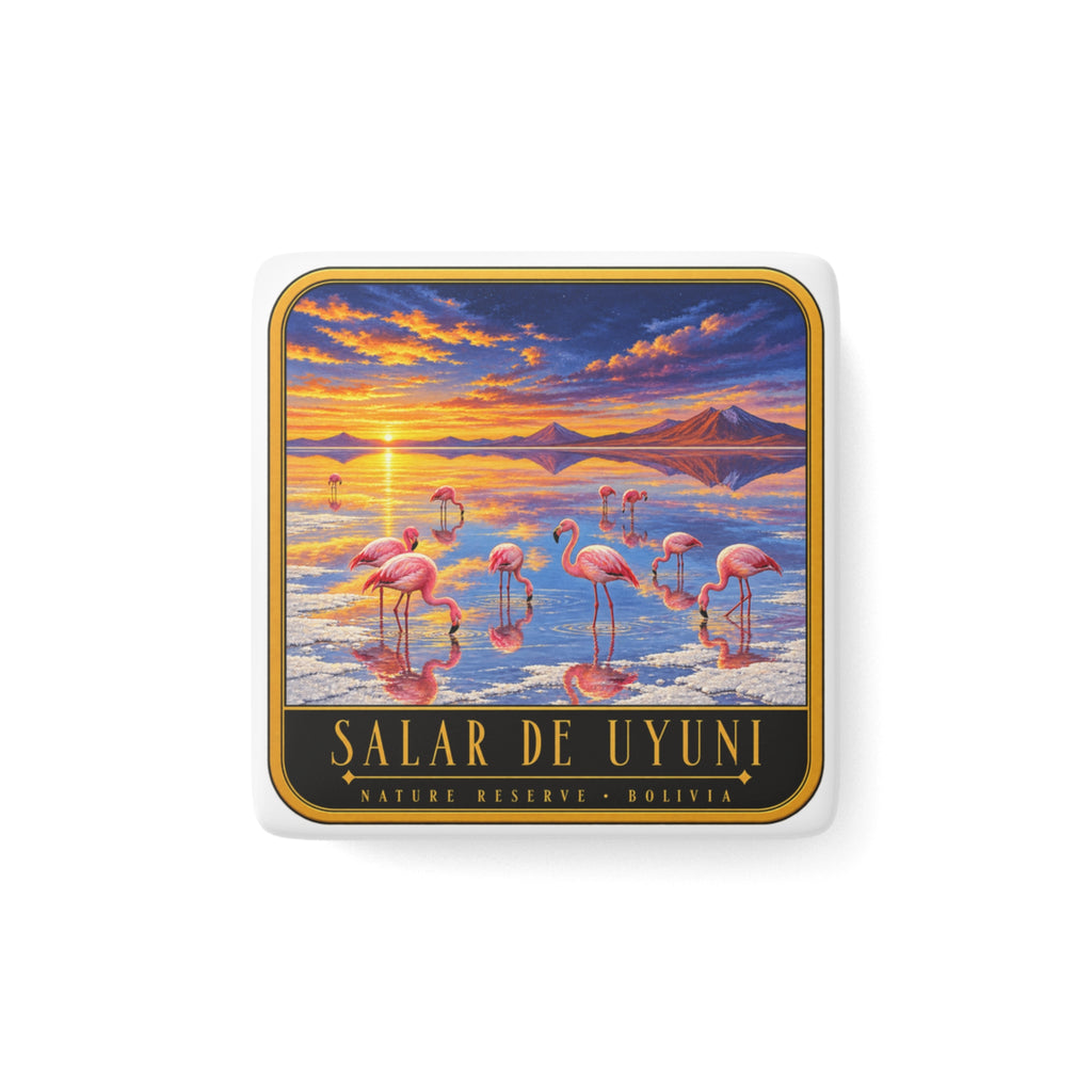 Square white porcelain fridge magnet with flamingos and “Salar de Uyuni” text
